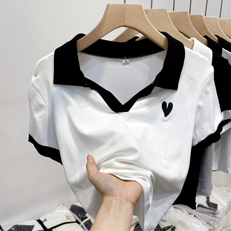 拼接polo衫辣妹短款V領2024夏季新款上衣設計感ins小眾短袖t恤女