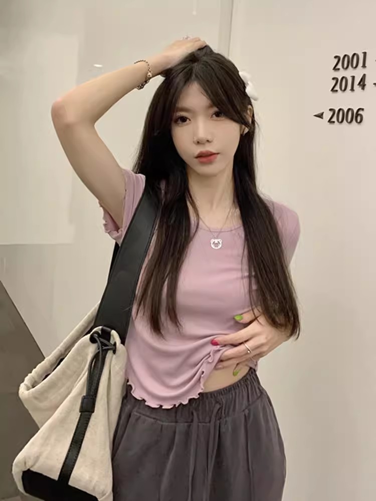 純欲風甜妹短袖T恤女春季2024新款修身短款木耳邊內搭打底衫上衣