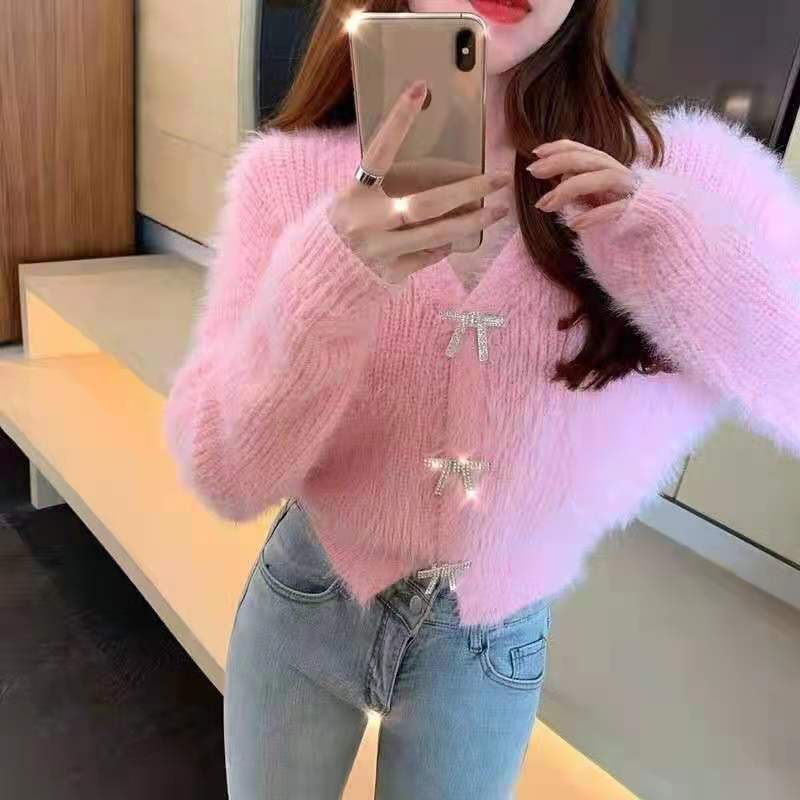 法式甜美開衫蝴蝶結長袖毛衣女早春新款氣質顯瘦馬海毛短款針織衫