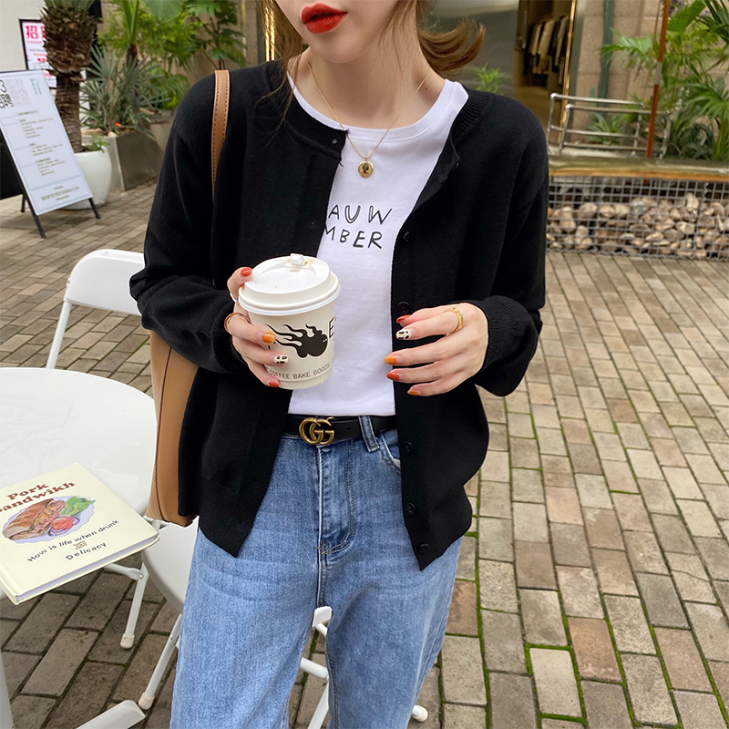 針織開衫外套新款薄款黑色初秋上衣女外搭v領洋氣寬鬆毛衣