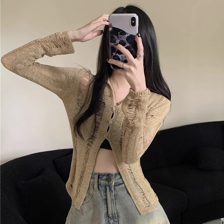 美式Y2K辣妹鏤空針織衫女短款收腰長袖開衫背心吊帶防曬上衣外套