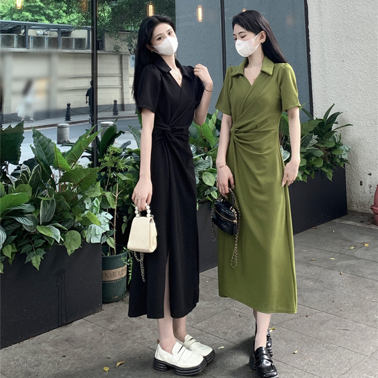 2024夏季簡約風韓版連衣裙polo領紐結設計感顯瘦藏肉姐妹閨蜜裝女