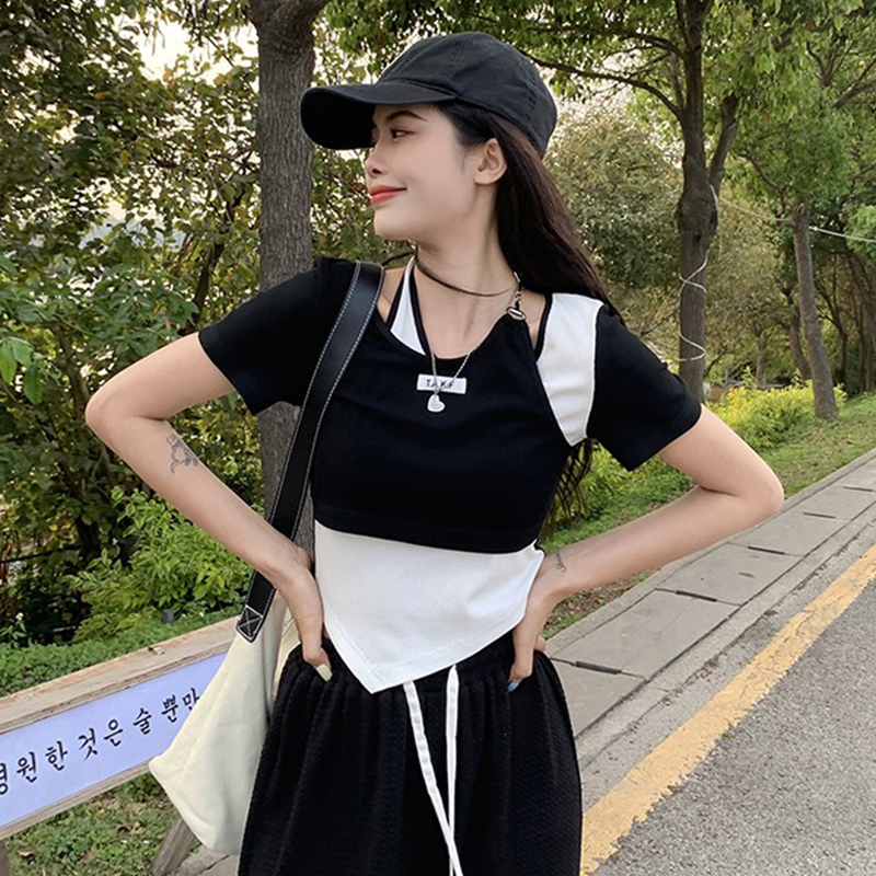 假兩件純欲辣妹T恤女夏季韓版2024新款不規則修身顯瘦撞色上衣