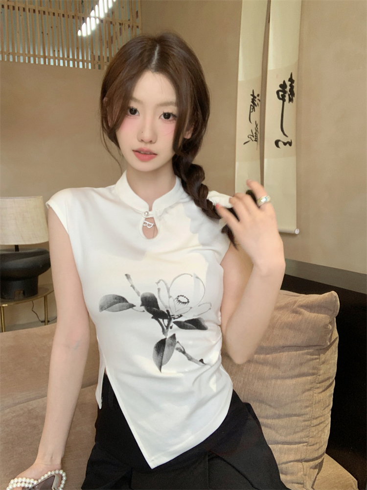 實拍 2024春季新款新中式盤扣上衣女國風不規則修身無袖T恤