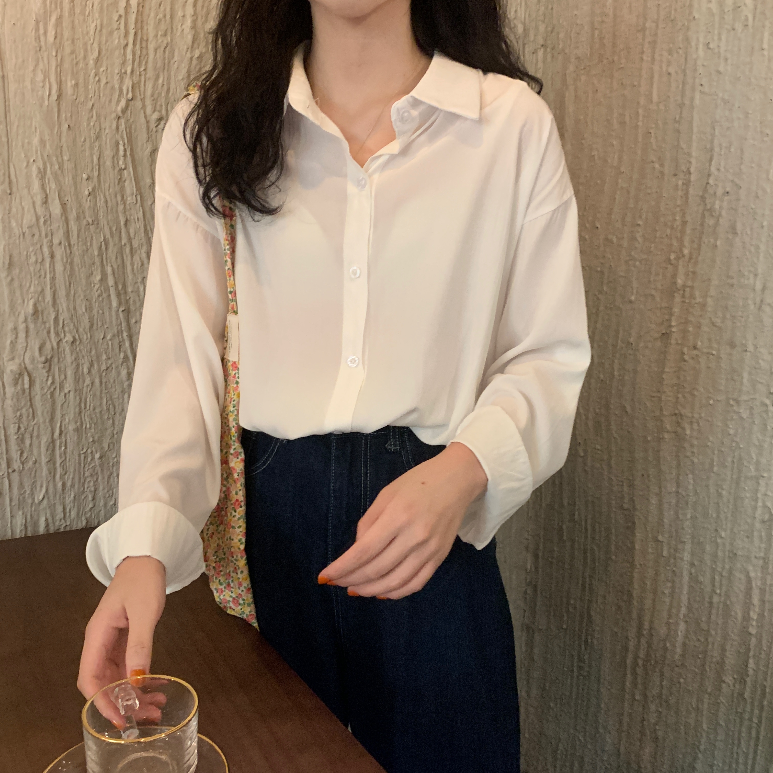 實拍 春季新款韓版ins純色翻領polo領長袖襯衫寬鬆上衣女