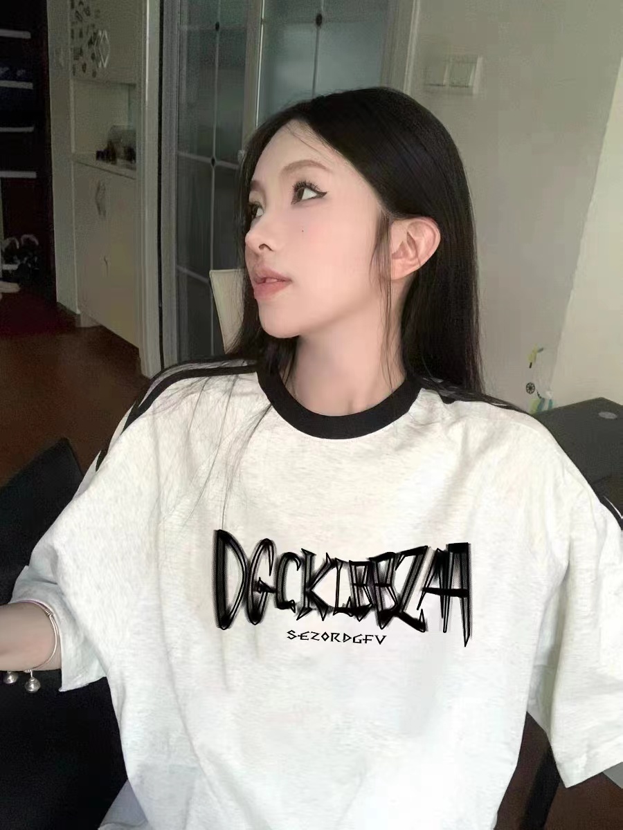夏季韓版240克純棉寬鬆百搭字母印花撞色短袖T恤女三條杆打底上衣