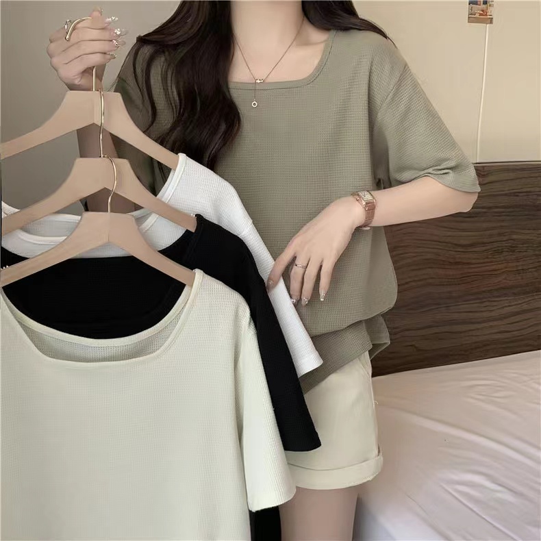 Real shot Summer Korean style waffle square collar loose Baidu slim half-sleeved short-sleeved T-shirt women's top