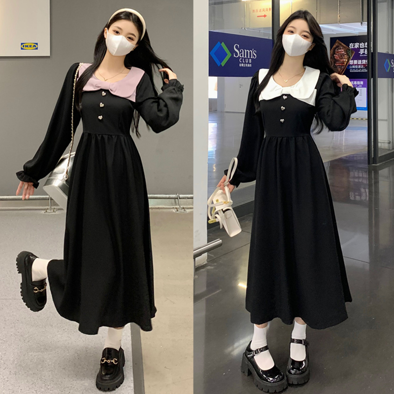 春秋新款復古撞色娃娃領收腰顯瘦連衣裙女御姐輕熟小黑裙