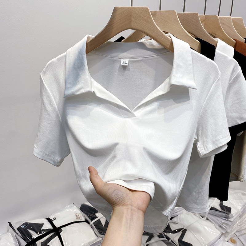 性感翻領短袖T恤夏季辣妹純欲收腰修身短款正肩顯瘦百搭上衣女ins