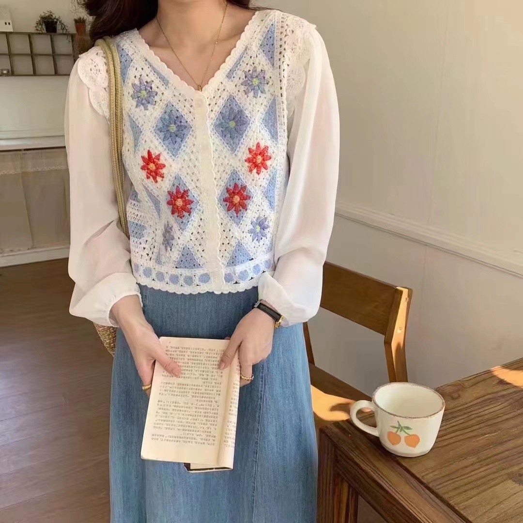 設計感小眾鈎花鏤空刺繡拼接雪紡長袖襯衫女小個子短款上衣春秋季