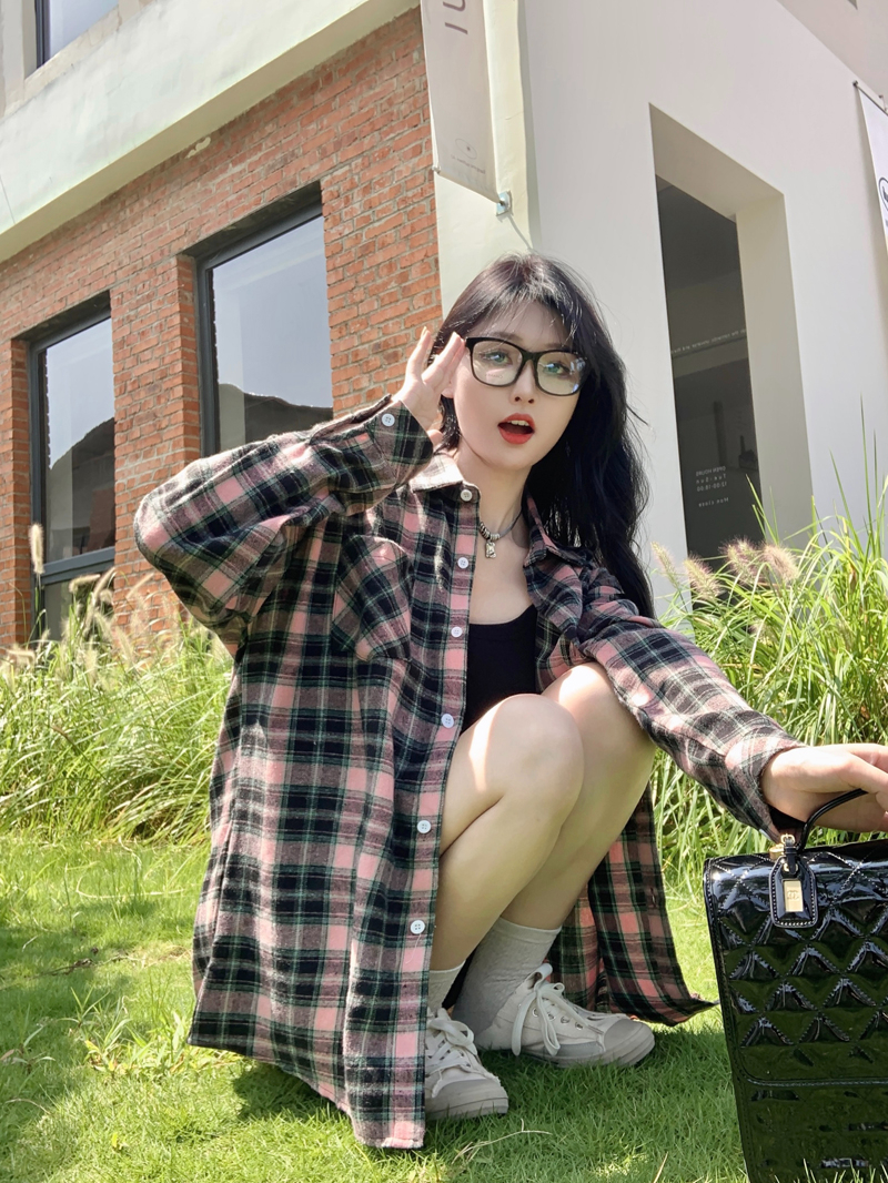 實拍 復古粉色格子襯衫女春秋小眾設計感寬鬆慵懶風休閒襯衣上衣