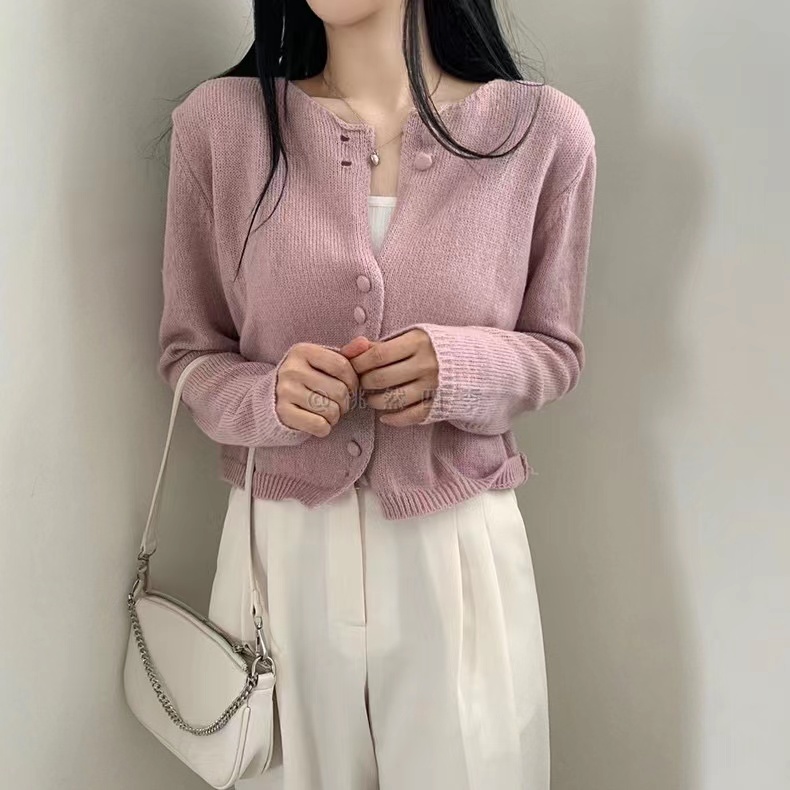 韓版溫柔風奶甜圓領開衫毛衣女春秋款設計感菱格花紋軟糯針織開衫