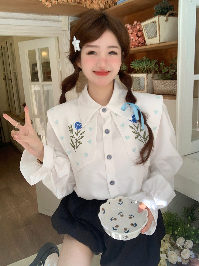 實拍 小眾別致花朵刺繡襯衫女新款法式甜美減齡白色海軍領襯衣