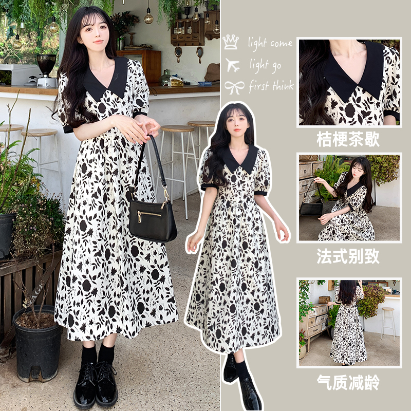 Real shot 2024 French retro floral dress V-neck waist puff sleeve tea break long dress summer women