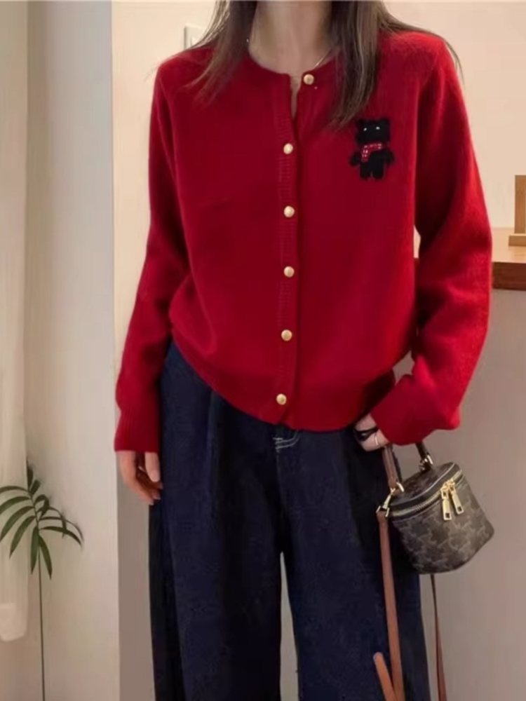 歐洲站2024秋冬新款小熊針織開衫女外套時尚聖誕紅色毛衣羊毛圓領