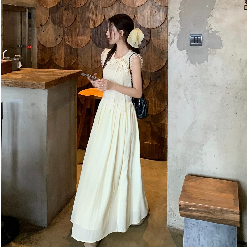 春夏韓版新款設計感蕾絲花邊蝴蝶結連衣裙女裝修身收腰A字裙長裙
