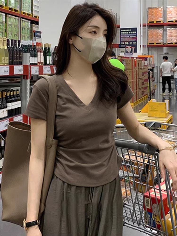 韓國時尚新款92棉/8氨綸40支210g純棉 收腰V領短袖T恤女修身