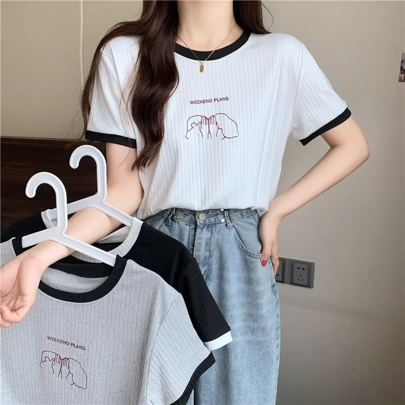 實拍坑條短袖t恤女高腰短款半袖休閒上衣服