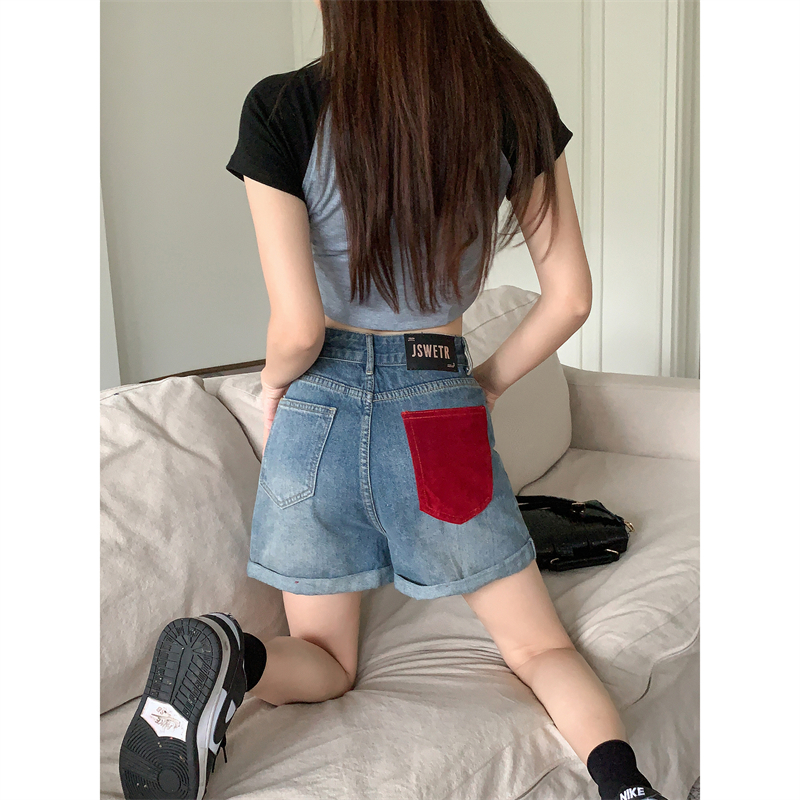 實拍#牛仔短褲女夏季薄款a字高腰寬鬆顯瘦撞色設計感辣妹熱褲