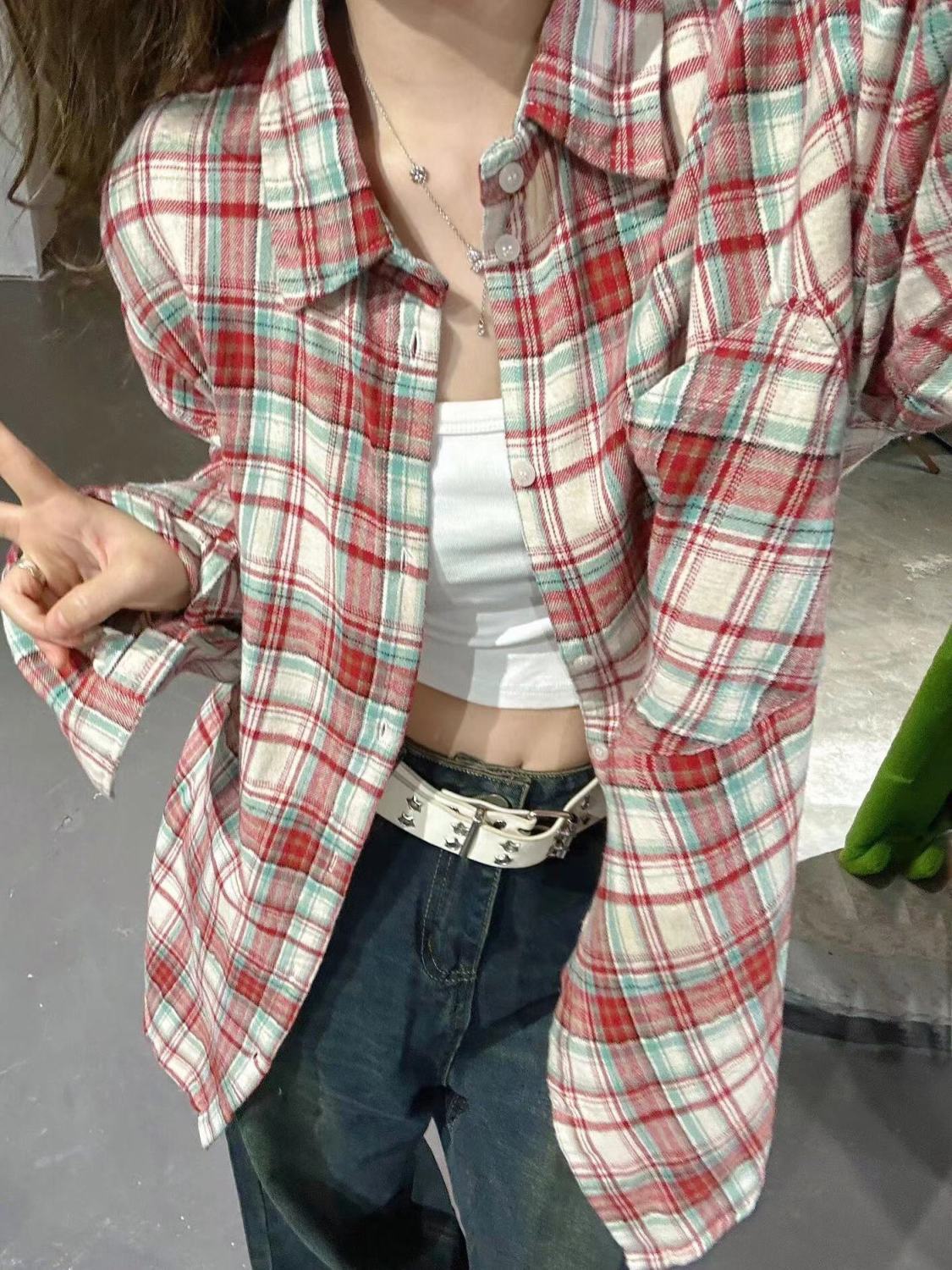辣妹復古磨毛格紋長袖襯衫女冬季純欲慵懶風寬鬆休閒格子襯衣上衣