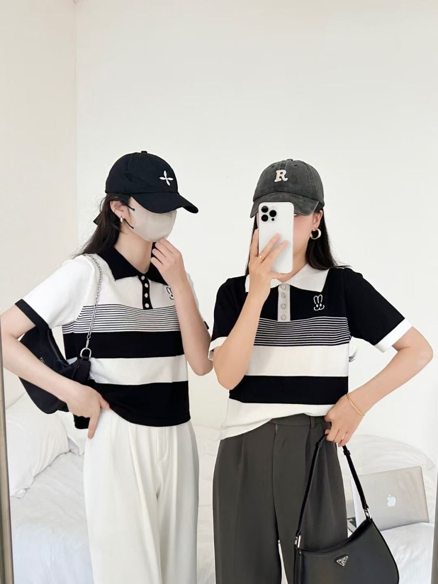 2024兔子刺繡撞色翻領針織短袖t恤女夏季減齡休閒Polo衫上衣