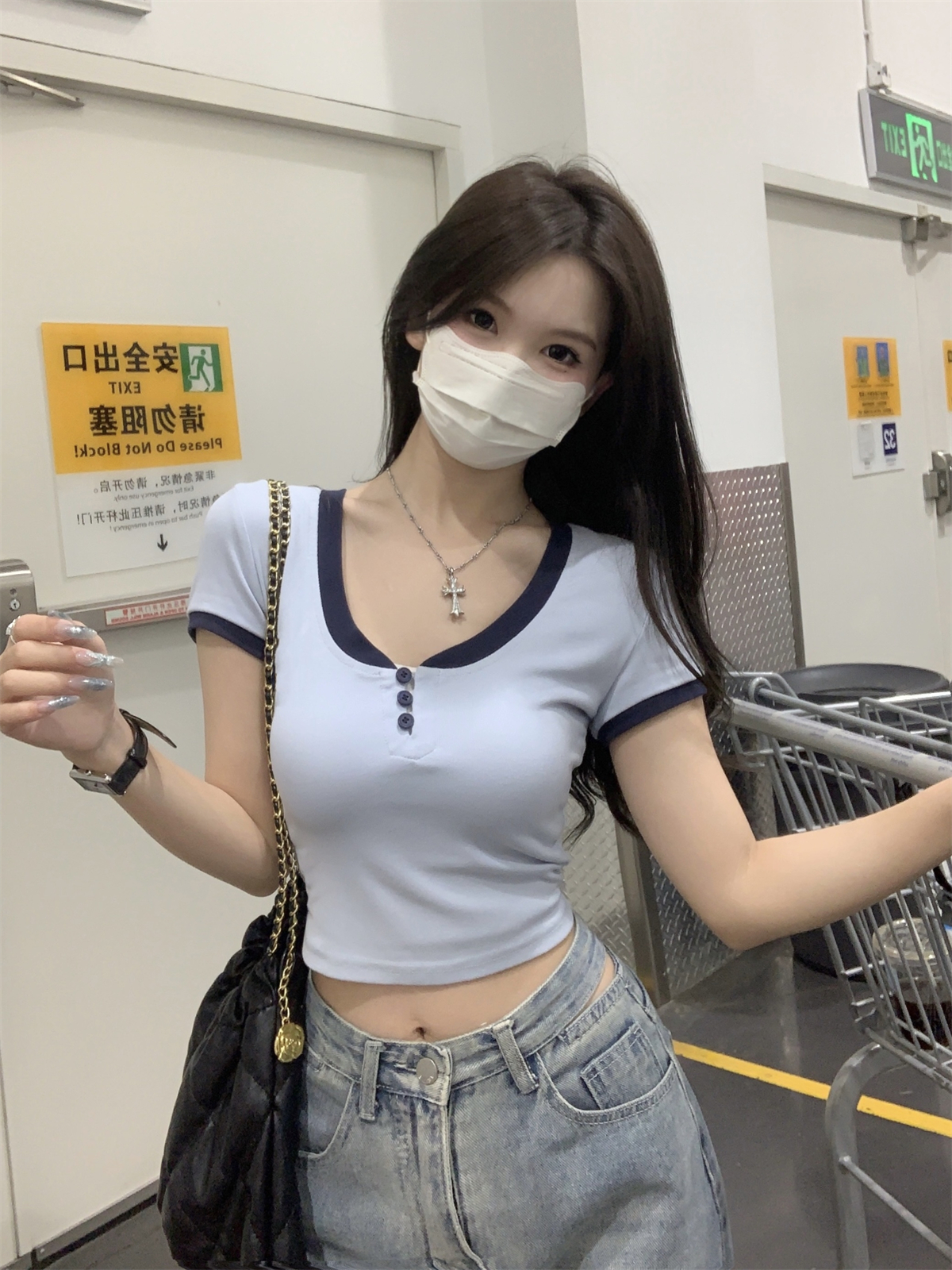 實拍 春夏韓版修身純欲撞色紐扣短款百搭純棉短袖T恤上衣女
