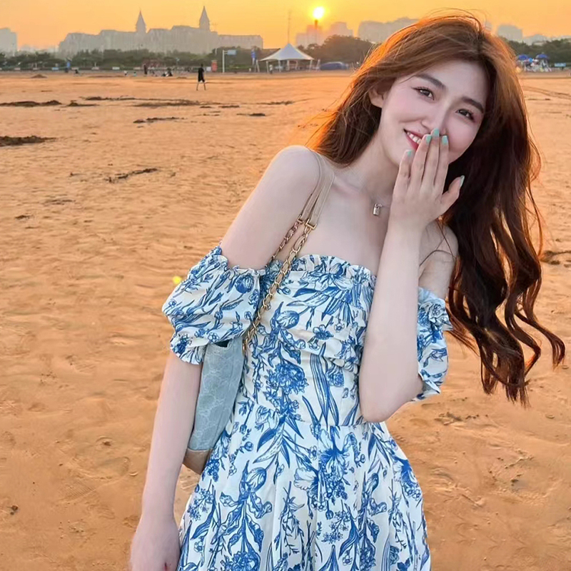1*1原版做法三亞海邊度假仙女連衣裙法式一字領長裙夏拍照旅遊
