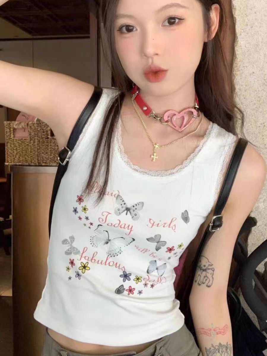 設計感小眾夏季新款T恤女美式彩色印花吊帶蕾絲拼接背心短款上衣