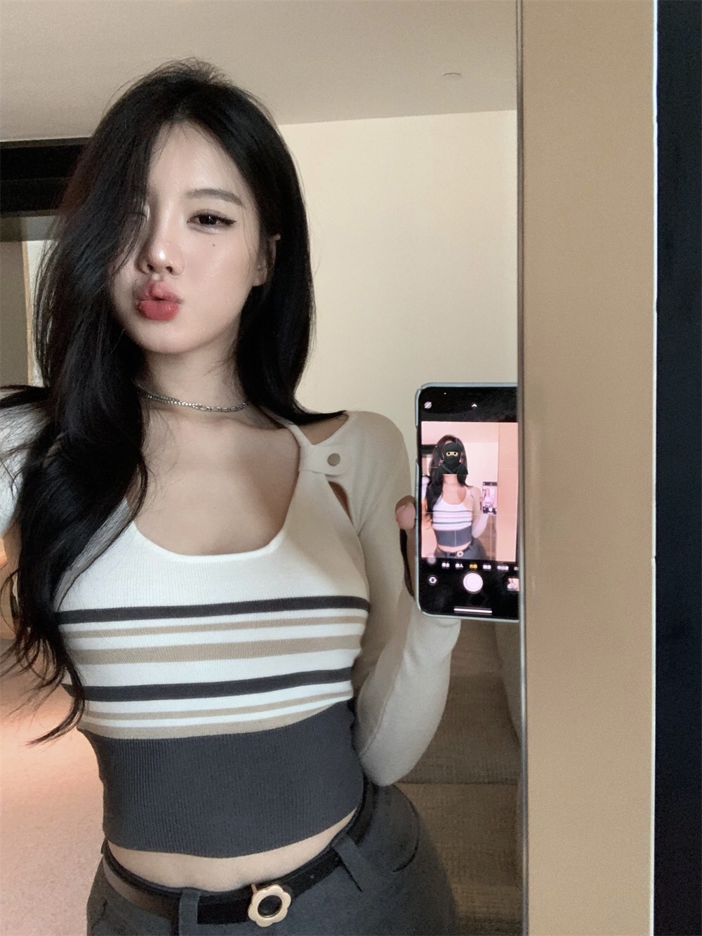 夏季修身無袖小吊帶露臍外穿女士條紋針織衫打底衫背心辣妹兩件套