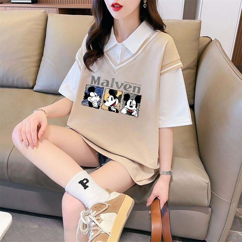首發實拍斜紋拉架假兩件短袖T恤女夏新款寬鬆上衣潮牌質量