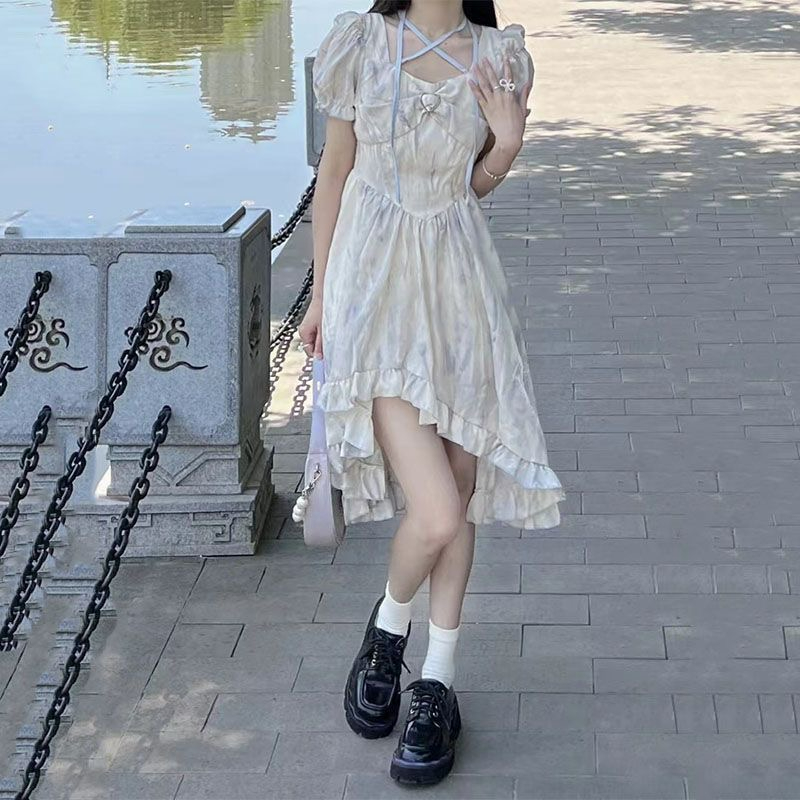 法式不規則泡泡袖扎染連衣裙女夏季氣質名媛小個子小眾設計感長裙