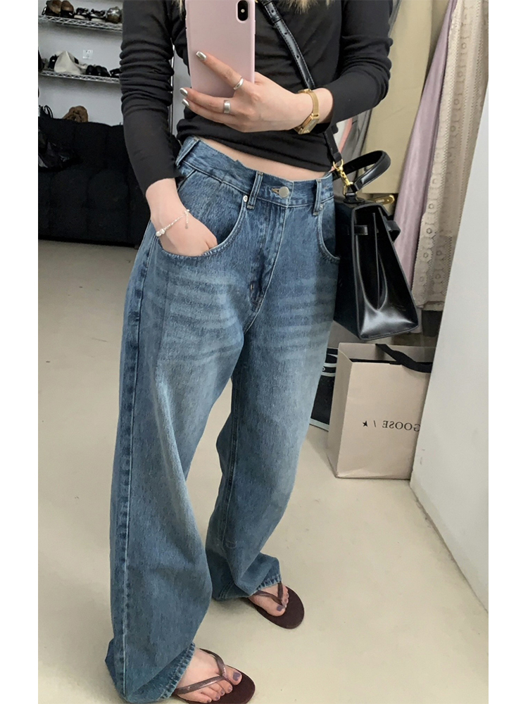 HEYGIRL黑哥 韓版復古藍痞痞闊腿牛仔褲女秋水洗直筒顯瘦高腰長褲