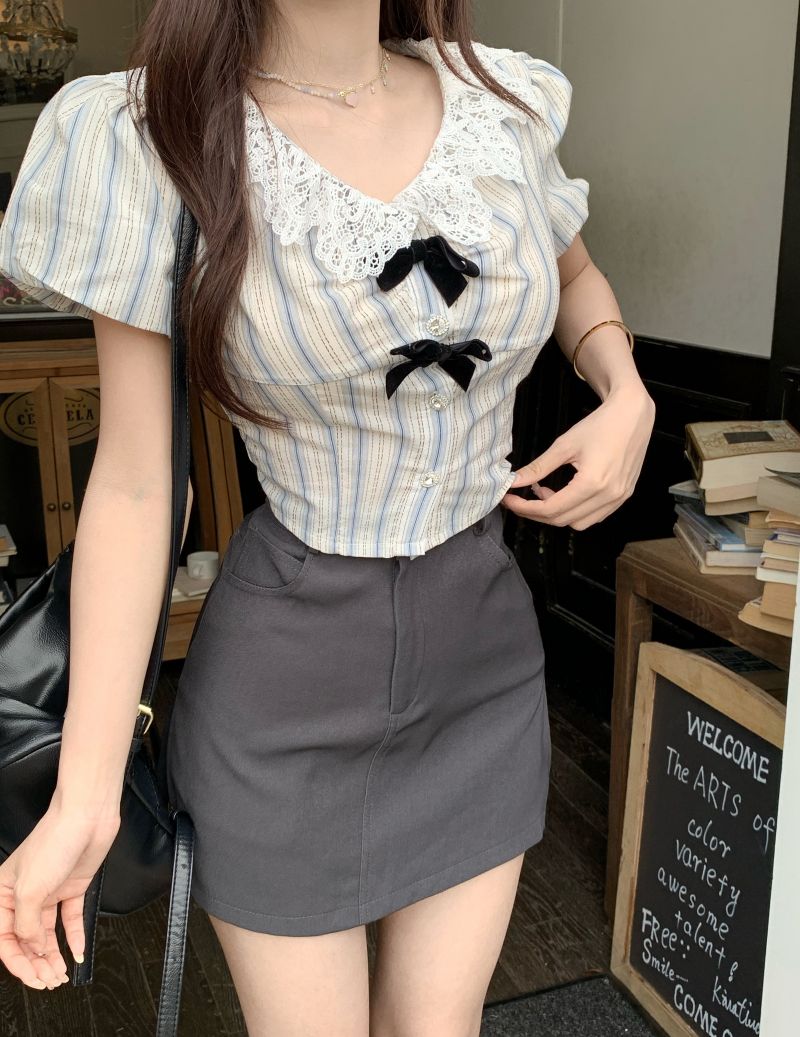 實拍三標齊小個子設計感蕾絲花邊拼接蝴蝶結條紋襯衣