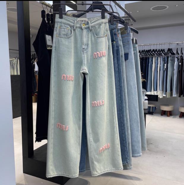 darim十三行粉色字母刺繡2024韓版高腰辣妹高腰女春秋直筒褲