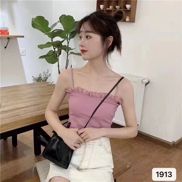 新款春季軟妹可愛木耳邊短款顯瘦打底外穿小吊帶背心女上衣潮