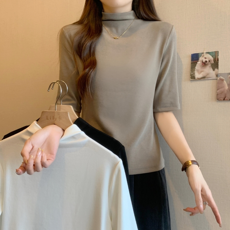 實拍  40支純棉 2024夏裝五分袖半高領打底衫女短袖T恤