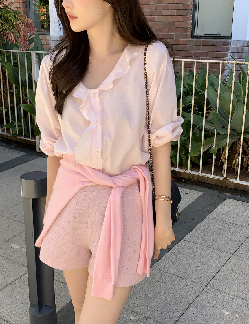 韓國chic春夏新款法式荷葉邊V領襯衫女優雅氣質百搭襯衣