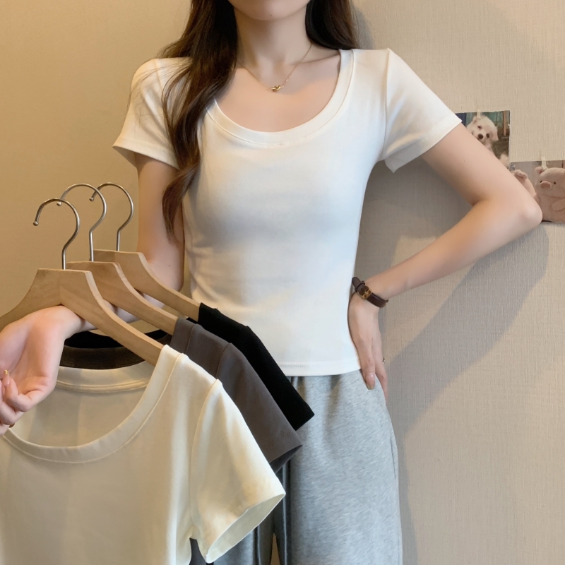 實拍- 40支純棉 2024夏裝大圓領高腰短款純色T恤女短袖