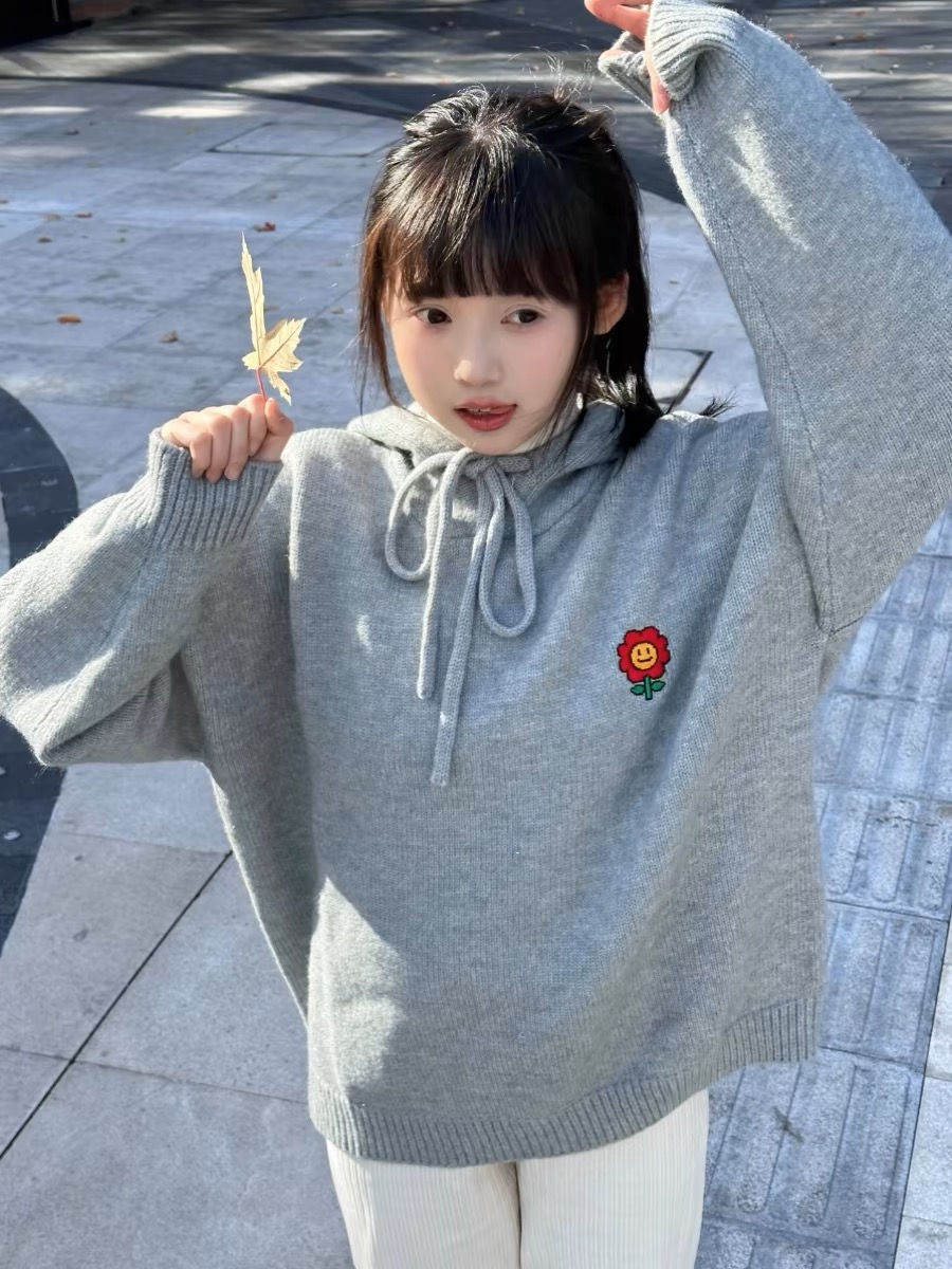 妒紗灰色連帽毛衣女春秋新款設計感小花朵刺繡韓系寬鬆學生針織衫