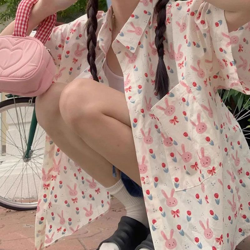 日系甜美小眾印花寬鬆短袖襯衫女夏季新款ins潮防曬情侶百搭襯衣