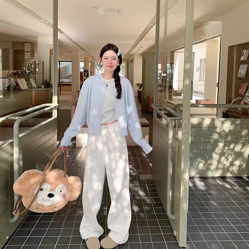 藍色開衫毛衣外套女秋季新款溫柔風簡約針織衫高級感軟糯上衣