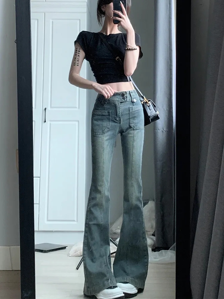 春夏彈力牛仔褲女2024新款小個子高腰緊身拖地長褲微喇叭褲子3967