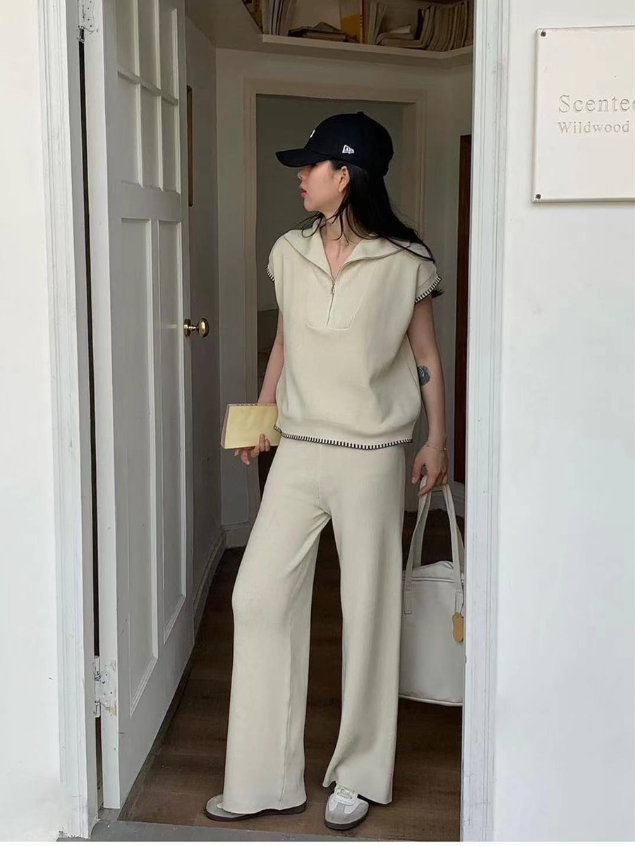 時尚套裝女立領拉鏈無袖修身顯瘦針織衫上衣兩件套高腰直筒闊腿褲