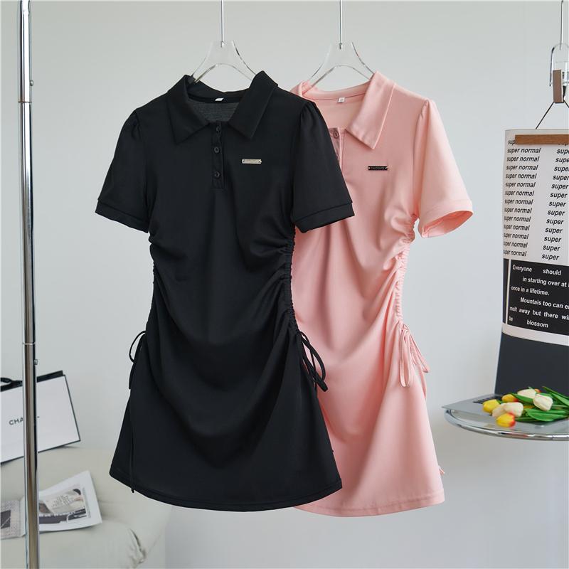 實拍甜辣T恤裙女POLO領泡泡袖連衣裙春季抽繩收腰顯瘦a字短裙