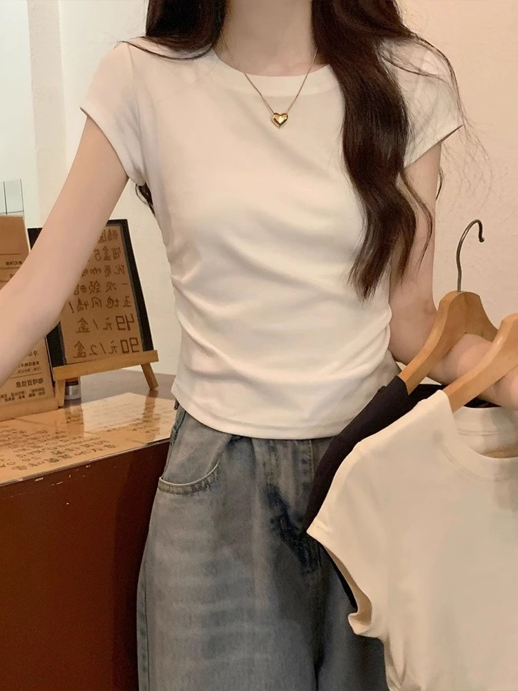人棉260克 正肩短袖T恤女夏褶皺顯瘦不規則設計感短款上衣