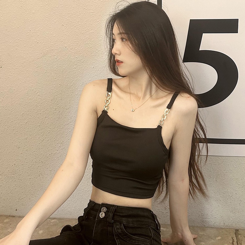 辣妹性感黑色小背心吊帶女夏季新款防走光抹胸帶胸墊打底露背上衣