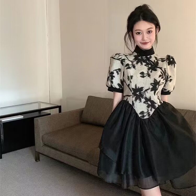 改良旗袍短袖連衣裙女裝夏季新款中式拼接中長款裙子