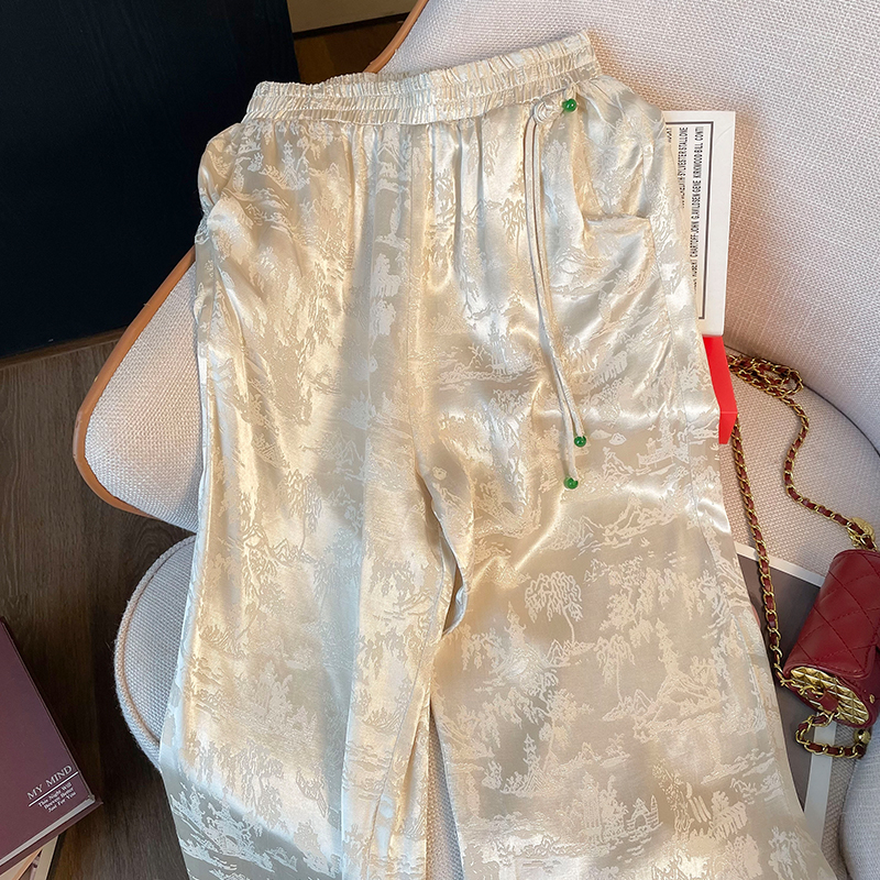 新中式國風提花褲女春夏季2024新款窄版直筒闊腿休閒褲