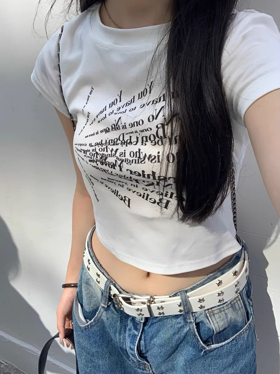 夏裝新款純棉設計感印花短袖T恤女美式短款露腰辣妹小個子上衣潮