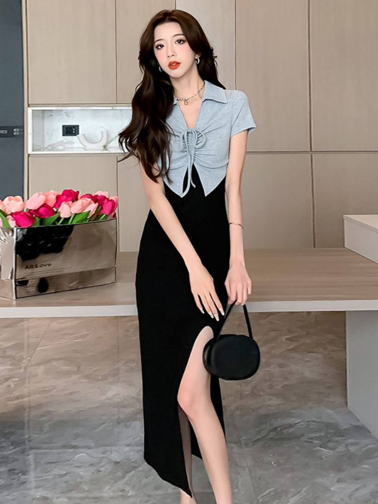 Hot girl Polo collar short-sleeved dress for women summer design strap hot girl slit fake two-piece hip-covering long skirt